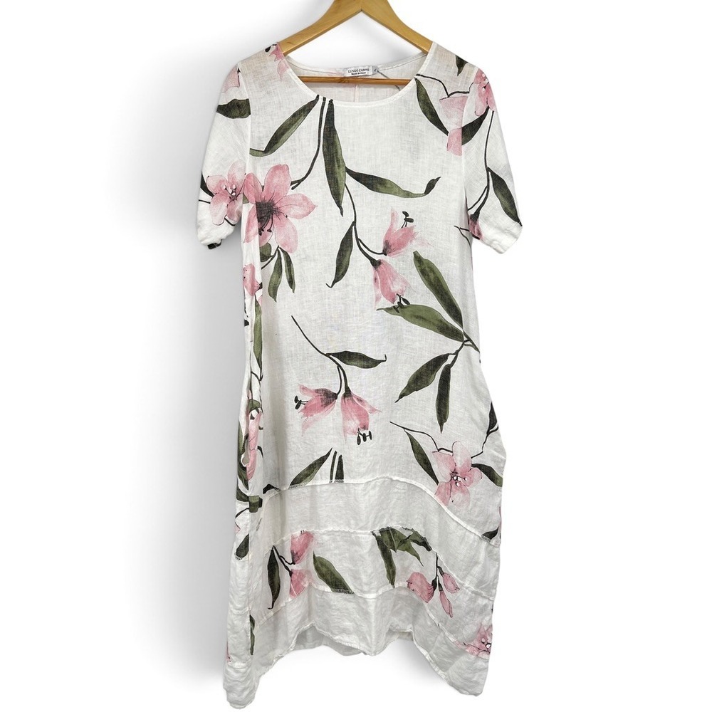 Lungo LArno Italy Linen Floral Shift Dress Pink White XL Short Sleeve Pockets